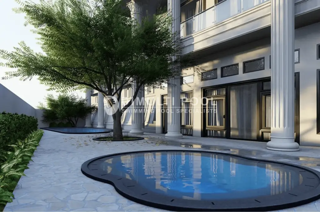 Contoh desain kolam jacuzzi berbentuk bulat.